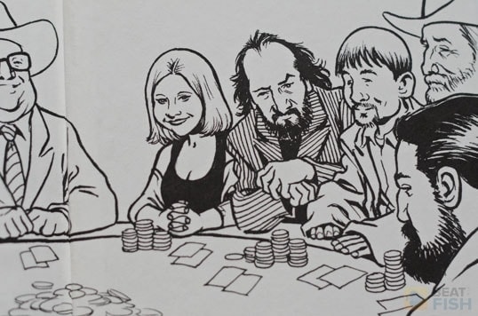 Quite a few poker player nicknames in this great illustration from the back cover of Super System 2. Texas Dolly on the left with the Mad Genius next to Kid Poker.