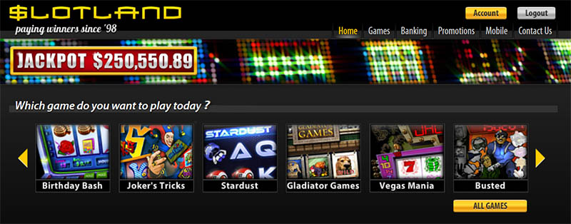 Slotland Casino homepage.