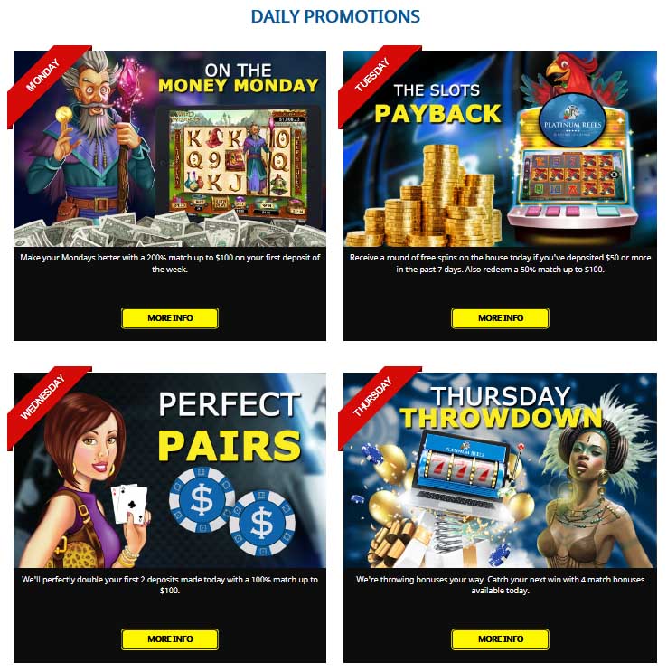 Daily promotional offers at Platinum Reels